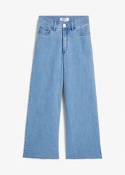 Jeansy wide leg, wysoki stan, krótsza nogawka. Niebieskie jeansy damskie bonprix, bez wzorów, z jeansu, z podwyższonym stanem, krótkie. Za 59.99 zł.