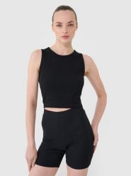 4F Crop top dzianinowy damski - czarny XS. Czarne topy damskie 4F, xs, bez wzorów, z bawełny, sportowe, bez kołnierzyka, bez ramiączek. W wyprzedaży za 29.99 zł.