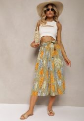 Jasnozielone Spodnie Szwedy z Bawełną High Waist Wykończone Gumką w Talii Pasefia. Zielone spodnie materiałowe damskie Renee, bez wzorów, z bawełny, biznesowe, z podwyższonym stanem. Za 39.99 zł.