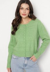 Jasnozielony Kardigan z Wełną na Guziki Cornelira. Zielone kardigany damskie Born2be, bez wzorów, z bawełny, eleganckie, bez kołnierzyka. Za 149.99 zł.
