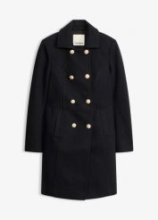 Krótki płaszcz z materiału w optyce wełny. Czarne płaszcze damskie bonprix, bez wzorów, z wełny, eleganckie, bez kołnierzyka, bez kaptura. Za 349.99 zł.
