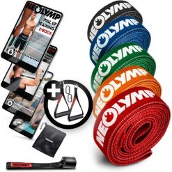 Taśmy fitness z tkaniny – 5 oporów, z torbą, uchwytami i zaczepem drzwiowym. Torby sportowe męskie NEOLYMP, bez wzorów, ze skóry. Za 356.99 zł.