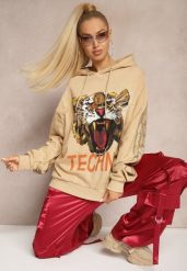 Beżowa Bluza z Bawełny z Kapturem Ozdobiona Cyrkoniami i Nadrukiem Eridale. Brązowe bluzy damskie Renee, bez wzorów, z bawełny, casualowe, bez ramiączek, z kapturem. Za 59.99 zł.