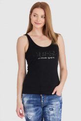 GUESS Czarny top damski z logo z koralików. Czarne topy damskie Guess, s, z aplikacjami, z bawełny, bez kołnierzyka, bez ramiączek. W wyprzedaży za 129.99 zł.
