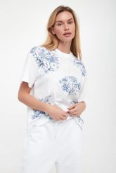 Biały T-shirt z Bawełny Ozdobiony Cyrkoniami Piórami i Kwiatem 3D Desoniel. Białe t-shirty damskie Renee, m, z aplikacjami, z bawełny, eleganckie, bez kołnierzyka, bez ramiączek. W wyprzedaży za 39.99 zł.