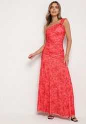 Czerwona Taliowana Sukienka na Jedno Ramię w Kwiatowy Wzór Melanisea. Czerwone sukienki damskie Born2be, m, bez wzorów, eleganckie, bez kołnierzyka, bez ramiączek, maxi. Za 189.99 zł.