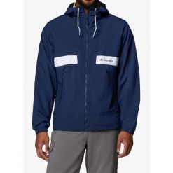 Kurtka przeciwwiatrowa Columbia Spire Valley Hooded Windbreaker. Niebieskie kurtki męskie Columbia, bez wzorów, z softshellu, sportowe, bez kaptura. Za 299.19 zł.