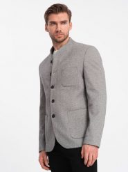 Stylowa marynarka męska bez klap - jasnoszara V1. Szare garnitury męskie Ombre Clothing, m, bez wzorów, z materiału, eleganckie, bez kołnierzyka, bez ramiączek. W wyprzedaży za 149.99 zł.