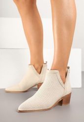 Beżowe Botki na Słupku Ozdobione Plecionką Farenia. Brązowe botki damskie Renee, bez wzorów, z jeansu, eleganckie, bez obcasa, na obcasie, bez zapięcia. Za 139.99 zł.