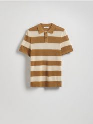 Ażurowy sweter polo - beżowy. Brązowe swetry męskie Reserved, l, w ażurowe wzory, z bawełny, bez kołnierzyka, bez ramiączek. Za 109.99 zł.