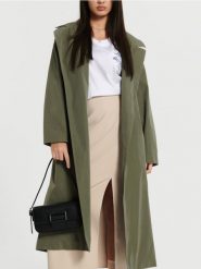 Trencz - khaki. Brązowe płaszcze damskie Sinsay, l, bez wzorów, eleganckie, bez kołnierzyka, bez kaptura. Za 119.99 zł.