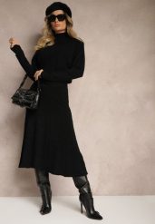 Czarny Dzianinowy Komplet w Tłoczony Wzór Sweter z Półgolfem i Rozkloszowana Spódnica Evaldira. Czarne swetry nierozpinane damskie Renee, l, z aplikacjami, z dzianiny, eleganckie, bez kołnierzyka, bez ramiączek. Za 129.99 zł.