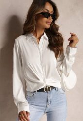 Biała Satynowa Koszula na Guziki Noccle. Białe koszule damskie Renee, xl, bez wzorów, z satyny, eleganckie, bez kołnierzyka, bez ramiączek. Za 49.99 zł.