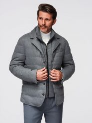 Kurtka męska o kroju marynarki z podpinką – szara V1 - Rozmiar: S. Czarne kurtki męskie Ombre Clothing, m, bez wzorów, z materiału, eleganckie, bez kaptura. Za 349.99 zł.