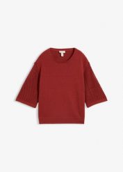 Sweter z mieszanki bawełny i lnu. Brązowe swetry nierozpinane damskie bonprix, w ażurowe wzory, z bawełny, bez kołnierzyka, bez ramiączek. Za 109.99 zł.