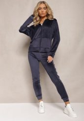 Granatowy Welurowy Komplet Dresowy Bluza z Kapturem i Proste Spodnie Arislo. Niebieskie bluzy damskie Renee, s, bez wzorów, z dresówki, bez ramiączek, z kapturem. Za 74.99 zł.