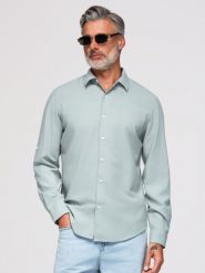Męska wiskozowo-lniana koszula o kroju regular - pastelowa zieleń V4 - Rozmiar: XL. Szare koszule męskie Ombre Clothing, m, bez wzorów, z denimu, biznesowe, bez kołnierzyka, bez ramiączek. Za 289.99 zł.