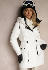 Biała Kurtka Parka o Prostym Kroju z Kapturem Ściągana w Talii Raviena. Białe kurtki damskie Renee, l, bez wzorów, z jeansu, z kapturem. Za 209.99 zł.