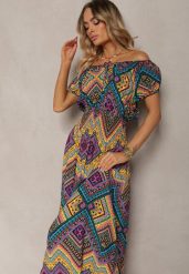 Żółto-Fioletowa Rozkloszowana Sukienka z Bawełny z Gumką w Talii Xenetta. Żółte sukienki damskie Renee, na co dzień, na lato, l, bez wzorów, z bawełny, eleganckie, bez kołnierzyka, bez ramiączek, maxi, kopertowe. Za 49.99 zł.