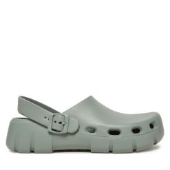 Klapki Birkenstock. Zielone klapki damskie Birkenstock, bez wzorów, bez obcasa, bez zapięcia. Za 219.99 zł.