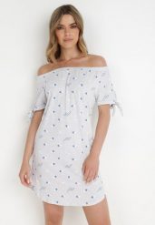 Jasnoszara Sukienka Hermusa. Szare sukienki damskie Born2be, na lato, m, z aplikacjami, z bawełny, bez kołnierzyka, bez ramiączek, mini. Za 29.99 zł.