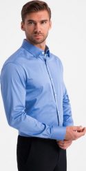 Ombre Klasyczna męska koszula SLIM FIT z satynowej tkaniny niebieska V2 OM-SHOS-0176 S. Niebieskie koszule męskie Ombre, m, bez wzorów, z satyny, klasyczne, bez kołnierzyka, bez ramiączek. Za 169.99 zł.