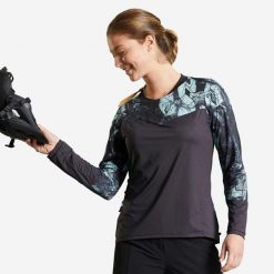 Bluza rowerowa damska Rockrider Expl 500 długi rękaw. Czarne bluzy damskie ROCKRIDER, m, bez wzorów, z materiału, klasyczne, bez ramiączek, bez kaptura. Za 99.99 zł.
