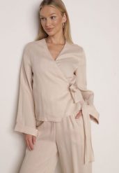 Beżowa Kopertowa Bluzka z Wiskozy Ozdobiona Wiązaniem Velanitte. Brązowe bluzki damskie Born2be, l, bez wzorów, z jeansu, eleganckie, bez kołnierzyka, bez ramiączek. Za 149.99 zł.