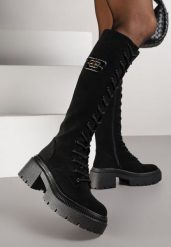 Czarne Sznurowane Kozaki Vices z Imitacji Zamszu na Platformie w Stylu Grunge Lattime. Czarne kozaki damskie Born2be, z aplikacjami, z jeansu, bez obcasa, na platformie, bez zapięcia. Za 179.99 zł.