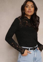 Czarna Koronkowa Bluzka z Golfem Olvesin. Czarne bluzki damskie Renee, m, z aplikacjami, z jeansu, eleganckie, bez kołnierzyka, bez ramiączek. Za 89.99 zł.