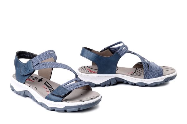 RIEKER 68871-14 blue, sandały damskie. Niebieskie sandały damskie Rieker, bez wzorów, bez obcasa, bez zapięcia. Za 239.92 zł.