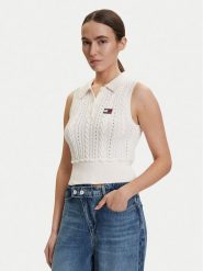 Tommy Jeans Sweter DW0DW22318 Biały Regular Fit. Białe swetry nierozpinane damskie Tommy Jeans, s, bez wzorów, z bawełny, bez kołnierzyka, bez ramiączek. Za 449.99 zł.