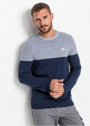 Sweter z gładkiej dzianiny we wzór colourblocking, z bawełną. Niebieskie swetry męskie bonprix, l, bez wzorów, z bawełny, sportowe, bez kołnierzyka, bez ramiączek. Za 104.99 zł.