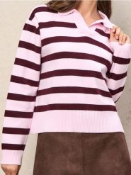 Sweter w paski z kołnierzykiem z wiskozą - różowy. Czerwone swetry nierozpinane damskie Sinsay, l, bez wzorów, z wiskozy, bez kołnierzyka, bez ramiączek. Za 59.99 zł.