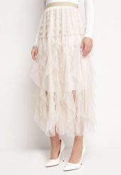 Jasnobeżowa Spódnica Tiulowa z Gumką w Pasie Eviune. Brązowe spódnice damskie Born2be, m, bez wzorów, z tiulu, eleganckie, maxi, asymetryczne. Za 109.99 zł.