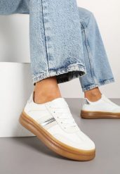 Białe Sneakersy Tenisówki z Metalicznym Paskiem Hanalie. Białe trampki i tenisówki damskie Born2be, z aplikacjami, z jeansu, bez zapięcia. Za 84.99 zł.