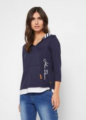 Bluza z kapturem z czystej bawełny, rękawy 3/4. Niebieskie bluzy damskie bonprix, bez wzorów, z bawełny, bez ramiączek, z kapturem. Za 64.99 zł.