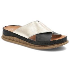 Klapki damskie Maciejka, skórzane na platformie z miękkimi wkładkami eleganckie, czarno-złote, L4986-25-00-0. Czarne klapki damskie Maciejka, na lato, bez wzorów, eleganckie, bez obcasa, na platformie, bez zapięcia. Za 209.00 zł.