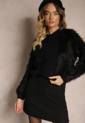 Czarny Sweter z Wełną o Fakturze Imitującej Pióra z Ozdobną Wstawką o Wzorzystym Splocie Mirirra. Czarne swetry nierozpinane damskie Renee, bez wzorów, z wełny, casualowe, bez kołnierzyka, bez ramiączek. Za 54.99 zł.