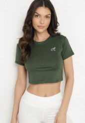 Ciemnozielony T-shirt Crop Top Ozdobiony Literką Koliviela. Zielone t-shirty damskie Born2be, l, z aplikacjami, z jeansu, eleganckie, bez kołnierzyka, bez ramiączek. Za 29.99 zł.