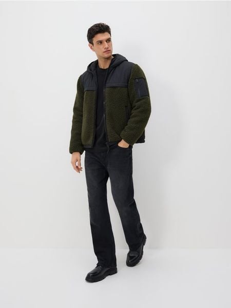 Kurtka sherpa - ciemnozielony. Zielone kurtki męskie Reserved, l, bez wzorów, bez kaptura. Za 179.99 zł.