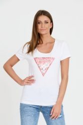 GUESS Biały t-shirt Satin Triangle Tee. Białe t-shirty damskie Guess, s, z aplikacjami, bez kołnierzyka, bez ramiączek. W wyprzedaży za 113.99 zł.