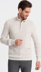 Ombre Sweter męski dzianinowy z rozpinaną stójką - kremowy V1 OM-SWZS-0105 XL. Białe swetry męskie Ombre, m, bez wzorów, z dzianiny, bez kołnierzyka, bez ramiączek. Za 169.99 zł.