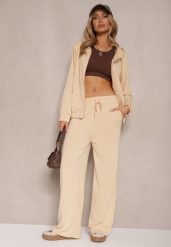Beżowy Luźny Komplet Dresowy Szerokie Spodnie i Bluza z Kapturem Gossame. Brązowe bluzy damskie Renee, m, bez wzorów, z dresówki, sportowe, bez ramiączek, z kapturem. Za 74.99 zł.