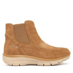 Sztyblety Skechers. Brązowe botki damskie Skechers, bez wzorów, bez obcasa, na płaskiej podeszwie, bez zapięcia. Za 449.99 zł.