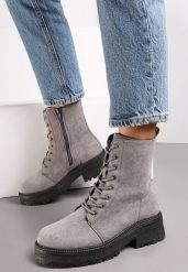 Szare Botki na Grubej Podeszwie z Sznurowaniem Eterna. Szare botki damskie Born2be, bez wzorów, z jeansu, eleganckie, bez obcasa, na płaskiej podeszwie, bez zapięcia. Za 64.99 zł.