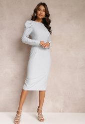 Niebieska Sukienka Taliowana z Bufiastym Rękawem Adarei. Niebieskie sukienki damskie Renee, m, bez wzorów, eleganckie, bez kołnierzyka, bez ramiączek, midi, kopertowe. Za 109.99 zł.