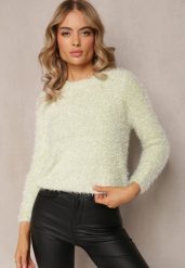 Miętowy Sweter z Puchatego Gładkiej Materiału z Okrągłym Dekoltem i Długim Rękawem Klarrilo. Zielone swetry nierozpinane damskie Renee, na jesień, bez wzorów, z elastanu, casualowe, bez kołnierzyka, bez ramiączek. Za 54.99 zł.