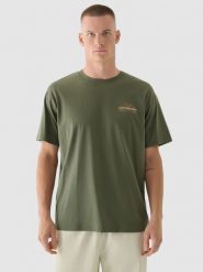 4F T-shirt oversize z nadrukiem męski - khaki S. Brązowe t-shirty męskie 4F, m, bez wzorów, z bawełny, bez kołnierzyka, bez ramiączek. W wyprzedaży za 39.99 zł.