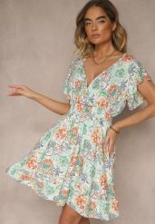Jasnozielona Kwiatowa Kopertowa Sukienka z Bawełny Ulosiana. Zielone sukienki damskie Renee, na co dzień, l, bez wzorów, z bawełny, eleganckie, bez kołnierzyka, bez ramiączek, mini, kopertowe. Za 39.99 zł.